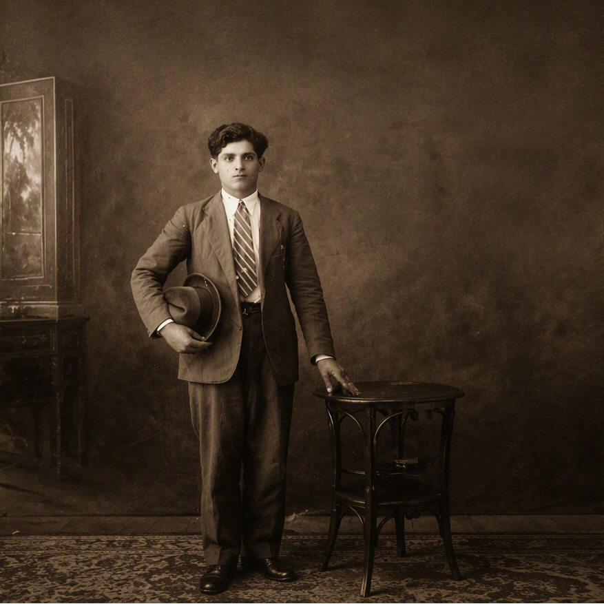 A sepia-toned portrait of a man in a vintage suit and tie standing in a dark room, holding a hat and resting one hand on a small table. The scene includes a window, framed artwork, and a patterned rug.